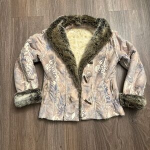 Women's 6 Skea Painted Faux Sheepskin Shearling Fur Jacket Toggle Coat USA Made